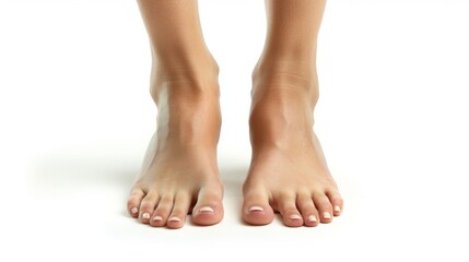 Wall Mural - Young woman's beautiful bare feet and toes view. Closeup isolated on white background with copyspace for spa treatment. female feet with the French pedicure. Generative ai