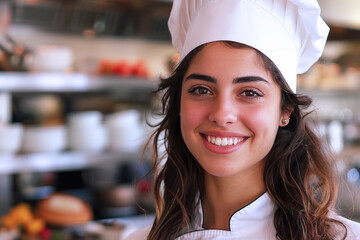 Sticker - Hispanic woman wearing chef uniform in luxury hotel restaurant kitchen