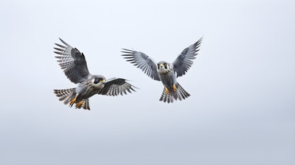 Wall Mural - Swift falcons hunting in a synchronized aerial ballet against a muted grey sky.