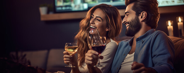 Wall Mural - Happy young couple sitting on a sofa and  drinking wine, enjoying their time together. A couple in love