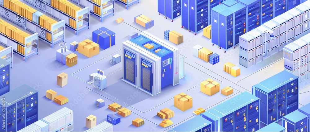 an isometric illustration of a smart warehouse management system with ...