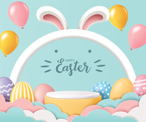 Wall Mural - Easter banner for product demonstration. Round pedestal or podium with Easter eggs and balloons on pastel green background.