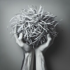  Hand holding a bunch of shredded paper against gray background