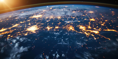 Wall Mural - big city lights view from space. planet earth globe with night realistic world map. communication co