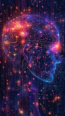Poster - A persons head is shown with a circuit board in the background, symbolizing the integration of artificial intelligence and technology into human life.