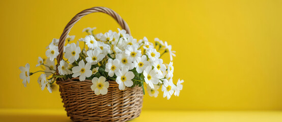 Wall Mural - Colorful Blossoms in a Wicker Basket, Celebrating Nature's Beauty on a Fresh Spring Meadow
