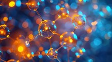 Closeup Of Blue And Yellow Bubbles In A Scientific Molecular Structure Background.