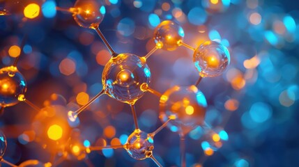 closeup of blue and yellow bubbles in a scientific molecular structure background.