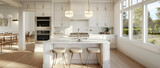 Fototapeta  - stylish white cabinets with modern built in oven placed near window in light spacious kitchen with stools 