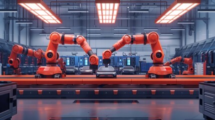 Poster - A factory buzzing with activity as robots work on a conveyor belt assembling cars. The robots are efficiently and precisely performing their tasks in the car manufacturing process.