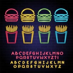 Wall Mural - Burger and fries icon with neon elements