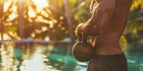 Wall Mural - Grasping Strength, Kettlebell Workout. Close-up of male muscular arm gripping heavy kettlebell on simple background with copy space, weight in hand.