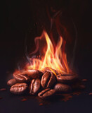 Fototapeta Miasto - Roasted coffee beans are roasted in flame of fire on black background.