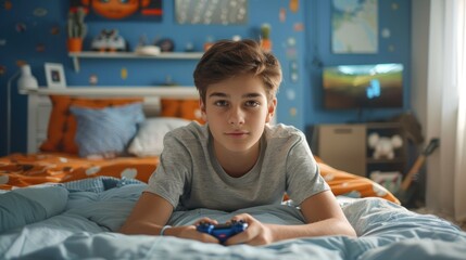 A teenage boy is laying on a bed holding a game controller in a modern stylish teenagers room interior.