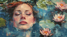 Serene Woman Floating With Water Lilies Oil Painting
