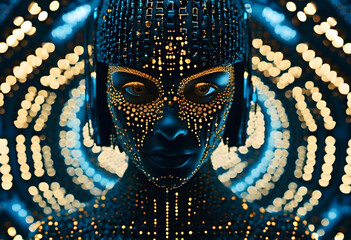 Poster - Futuristic digital human face with glowing circuit patterns, representing AI and technology.