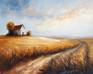 Wall Mural - countryside landscape painting, an idyllic rural scene unfolds, depicting a quaint house nestled amidst fields of vibrant green grass and golden yellow crops