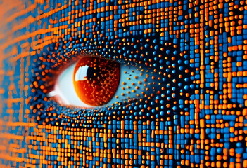 Poster - Close-up of a human eye with digital binary code overlay, concept for cyber security and digital identity.