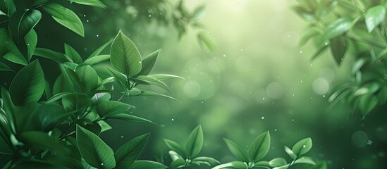 Wall Mural - Close-up view of a vibrant green background filled with different shades of leaves and small water droplets scattered throughout. The leaves are various sizes and shapes, creating a natural and