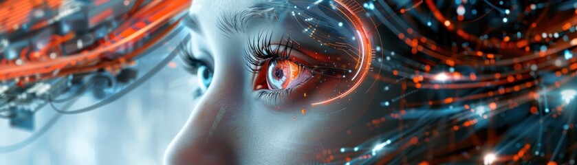 Poster - realm of technology, an enigmatic woman stands as the embodiment of the future, her visage a fusion of human grace and cybernetic sophistication