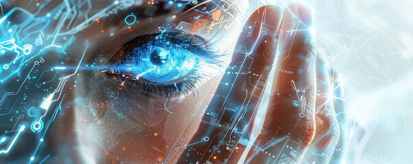 Poster - realm of technology, an enigmatic woman stands as the embodiment of the future, her visage a fusion of human grace and cybernetic sophistication