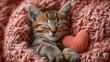 Różowy koc jest miejscem na którym kociak śpi bezpiecznie z serduszkiem na drutach