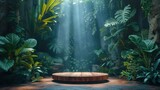 Fototapeta Pomosty - Drewniana platforma znajdująca się w dżungli, otoczona gęstą roślinnością.