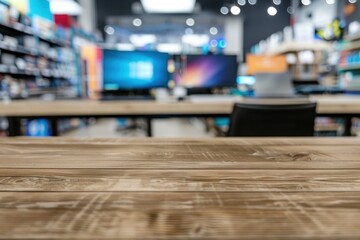 Aufkleber - Empty wood table with blurred computer shop background