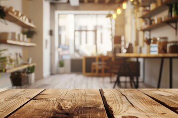 Poster - Empty wood table with blurred telephone shop background 