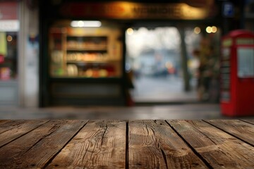 Poster - Empty wood table with blurred telephone shop background --ar 3:2 --v 6 Job ID: e22ce219-d8e3-41e5-b015-7ee1c3a4e5b6