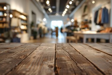 Poster - Empty wood table with blurred telephone shop background 