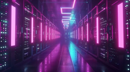 Poster - Modern Data Technology Center Server Racks in Dark Room with VFX, Visualization Concept of Internet of Things, Data Flow, Digitalization of Internet Traffic, Complex Electric Equipment Warehouse 