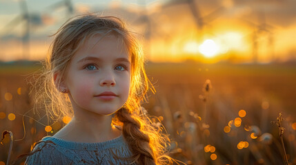 Young girl with beautiful blue eyes standing in a field of spring wildflowers. Spring seasonal concept