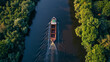 cargo boat on river dron view
