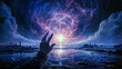 Majestic Twilight Vortex: A Hand Reaching for Cosmic Enlightenment over Surreal Landscape