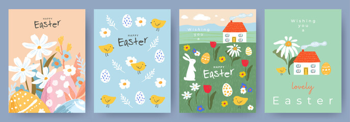 Wall Mural - happy easter set of cute greeting cards, posters, holiday covers or banners. trendy design with typo