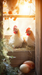 two white chickens enjoying the warmth of the sunlight in a cozy wooden nest with fresh eggs.