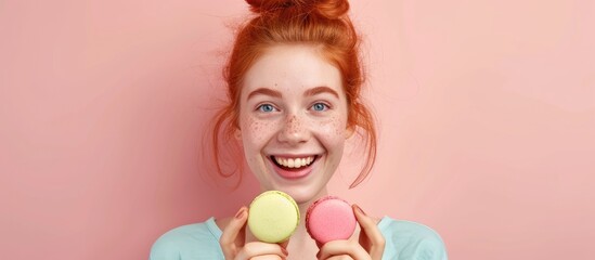 A happy young redhead woman is holding two colorful French macarons that resemble macaroni and cheese over a pastel pink background.