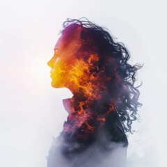 Wall Mural - Emotional intelligence concept. Silhouette of a woman figure with fire.