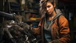 White european woman working as an auto mechanic, close up portrait, confident