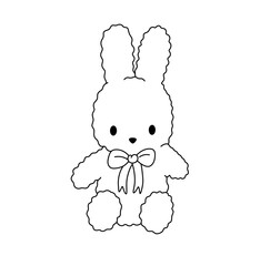 Wall Mural - Vector isolated one single cute teddy rabbit bunny toy plush textile sitting front view colorless black and white contour line easy drawing