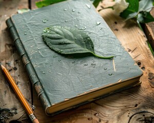 Poster - wooden table sits an elegant notebook and a set of pens, inviting creativity and productivity. with 