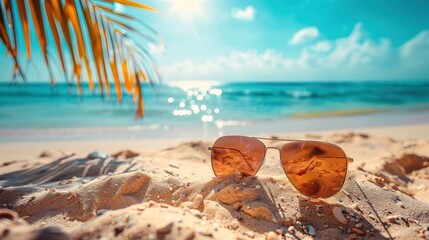 Wall Mural - Sunglasses on the Beach. Summer Vibes by the Sea, Where Sand and Sun Meet in Perfect Harmony. A Tropic Paradise with Crystal Blue Waters