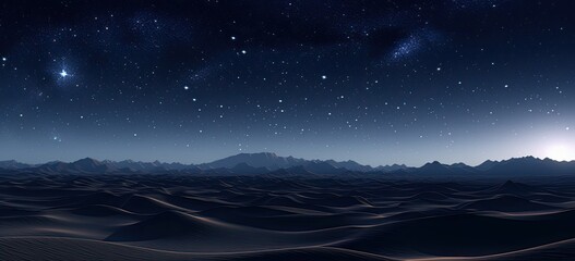 Under the canopy of a star-strewn sky, the desert landscape stretches out with undulating sand dunes, a tranquil scene illuminated by the celestial glow.
