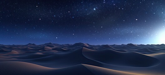Under the canopy of a star-strewn sky, the desert landscape stretches out with undulating sand dunes, a tranquil scene illuminated by the celestial glow.