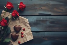 Red Roses, Love Letters, And Chocolate Hearts On Wooden. Romance And Valentine's Symbolism. Bouquet Of Roses With Envelopes And Chocolates. Festive, Affectionate, Traditional Romantic Gesture