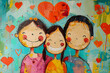 Happy family with hearts painted on the wall. Children's drawing with hearts