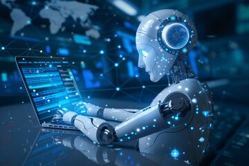 Poster - Advanced robot interacting with laptop, showcasing artificial intelligence, with digital graphics and global network background. Cybernetic being programs on computer, digital interface