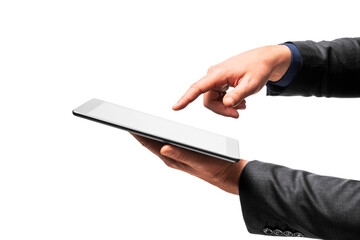 Poster - Close up of hand touching digital tablet screen on white background. Interactive technology concept