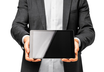 Poster - Confident businessman presenting blank tablet screen, hands and device isolated. Digital display concept